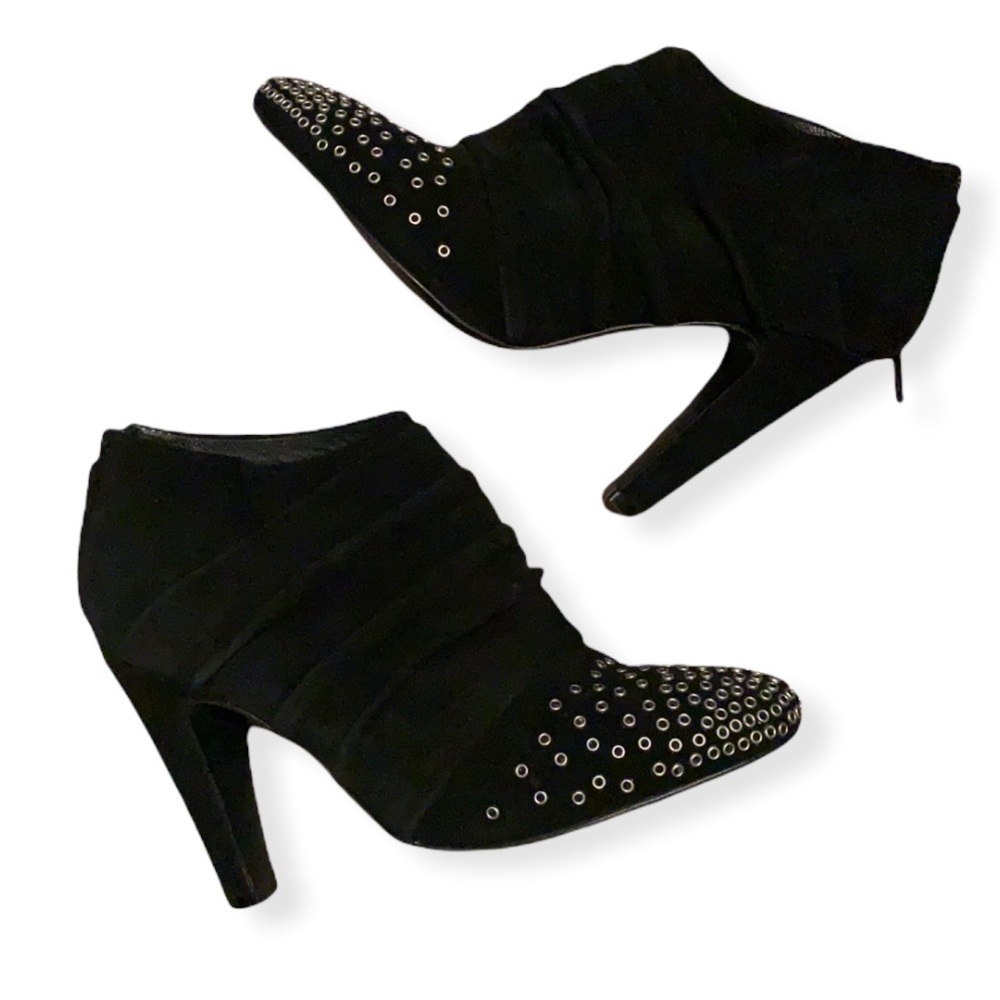 See By Chloe Black Suede Silver Studded Toe Heeled Ankle Booties Size 37.5 - Picture 1 of 9